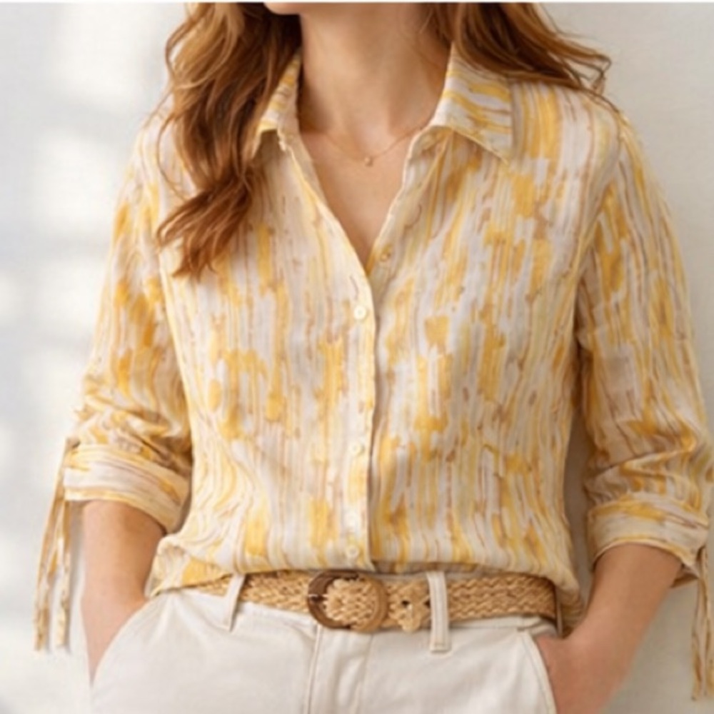 Linen Button Shirt J M Collection Petite 4 Yellow Abstract Top 3/4 Sleeves - Picture 2 of 6